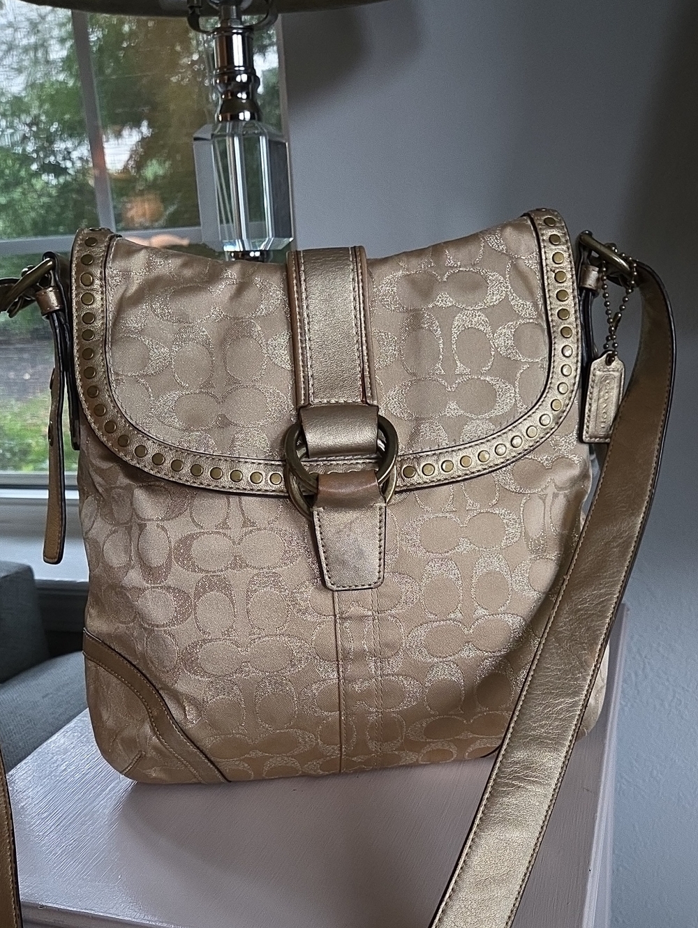 COACH 2008 Tan & Lurex Signature Stud-Trim Crossbody Bag